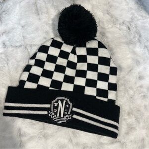 Wednesday Addams youth Checkered Beanie with Pom Pom